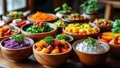 Vibrant display of assorted dishes in rustic wooden bowls on a charming table setting