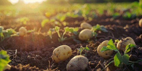 Canvas Print - Planting new potatoes Harvesting potatoes on a farm Potato field