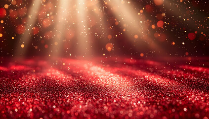 Wall Mural - magical scene with sparkling particles and radiant beams of light on red surface, perfect for festiv