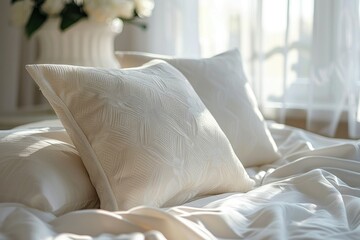 Two white decorative pillows on a bed with white linens.