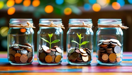 Wall Mural - Colorful wooden table showcasing glass jars filled with coins representing savings, investment, and financial growth