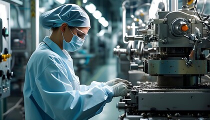 Female worker in protective gear operating machinery in a sterile factory environment