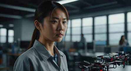 Poster - Determined Asian female using drone controller in tech lab background