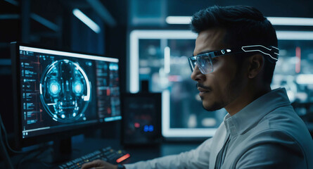 determined hispanic male programming ai assistant in futuristic lab background