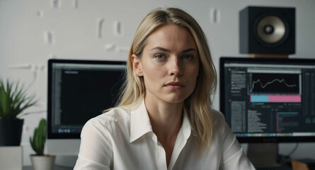 Wall Mural - Engaged White female developing software in minimalist workspace background