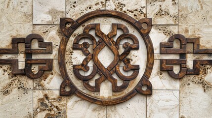 Poster - Intricate Wooden Ornament on a Travertine Wall