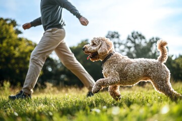 Active senior man and his labradoodle enjoying a sunny summer day in the park while running together