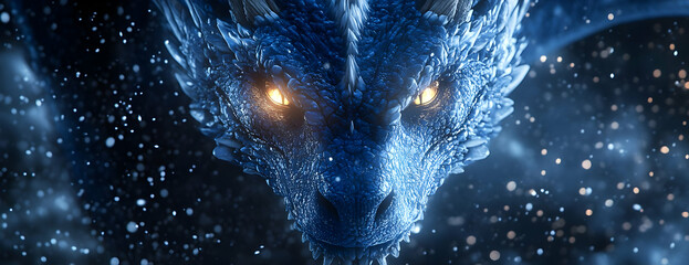 A majestic blue dragon with glowing eyes emerges from a snowy backdrop, evoking a sense of wonder and fantasy.