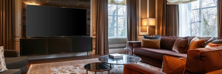 Poster - Brown Fabric Sofa and TV in a Living Room of a Cozy Suite