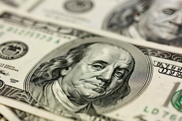 Wall Mural - A detailed close-up of Benjamin Franklin’s portrait on a US dollar bill, highlighting the intricate design and symbolism of currency.