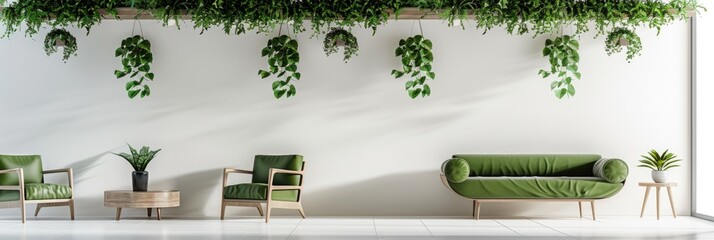 Canvas Print - Hanging plants on a white wall in a modern living room featuring a green lounge and wooden table.