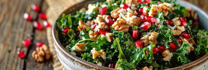 Poster - Fresh salad featuring green leafy vegetables, topped with walnuts and pomegranate seeds.