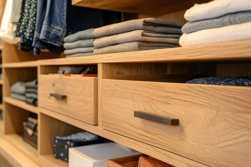 Wall Mural - Wooden Closet Shelves with Folded Clothes and Drawers