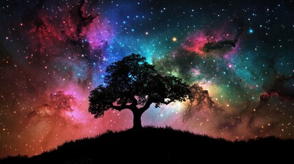 Silhouette of a Tree Against a Vibrant Cosmic Sky