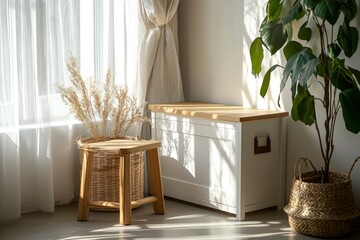 Sticker - Sunlit Interior with Wooden Stool, White Cabinet, and Potted Plant