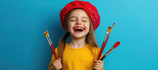 Canvas Print - A cheerful young girl holding paintbrushes and wearing an artist's beret, laughing against a blue background