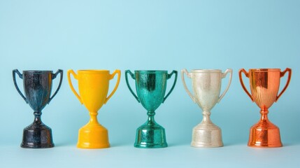 Colorful trophy awards of different styles and sizes are arranged on a plain blue background, representing various accomplishments