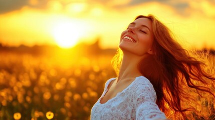 The woman stands in a field, smiling and embracing the warmth of the golden sunset as her hair dances in the gentle breeze