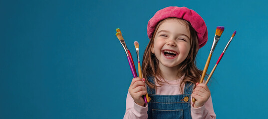 Wall Mural - A cheerful young girl holding paintbrushes and wearing an artist's beret, laughing against a blue background