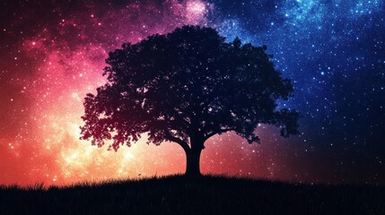 Poster - Silhouette of a Tree Under a Starry Sky