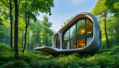 Wall Mural - Contemporary organic architecture harmonizing with vibrant urban forest, featuring unique design and expansive windows amidst lush greenery