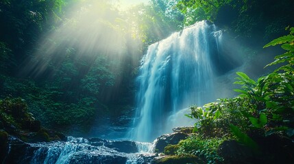 Majestic waterfall cascading into serene emerald pool surrounded by lush tropical rainforest, capturing the beauty of nature and serene wilderness.
