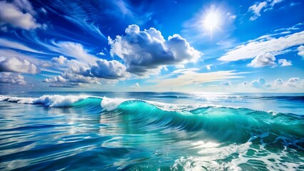 Wall Mural - Realistic ocean waves, vivid blue water, white foam, dramatic clouds, and sunlight breaking through, with hyper-realistic textures and lighting.