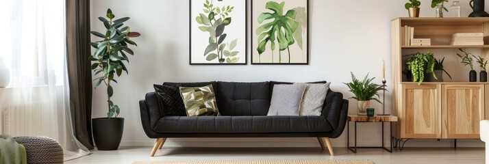 Canvas Print - Living room interior featuring a wooden cupboard, a black sofa adorned with cushions, and a botanical poster on the wall.