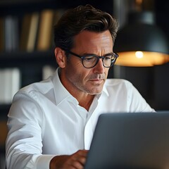 A close-up portrait of a mature businessman intensely focused on his laptop, showcasing his professional demeanor in a corporate office setting.