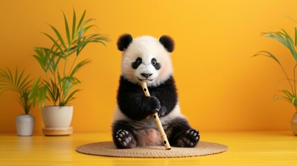 Canvas Print - Cute Panda Bear Playing Bamboo Flute on Yellow Background