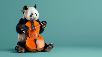 Cute Panda Bear Playing Cello on Teal Background