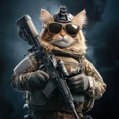 Military Cat Soldier with Rifle and Sunglasses