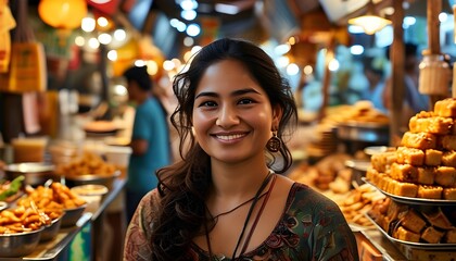 Joyful vendor presenting mouthwatering street food in a vibrant market atmosphere