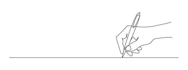Aufkleber - Hand holding pen and writing in one continuous line drawing. Letter and diary concept in simple linear style. School lesson symbol in editable stroke. Doodle monoline vector illustration