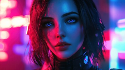 Wall Mural - Cyberpunk Woman with Blue Eyes