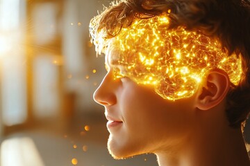 Wall Mural - Neural oscillation cybertactile communication and neurogenetic modulation boy with glowing golden particles around the head symbolizing imagination creativity and neural activity