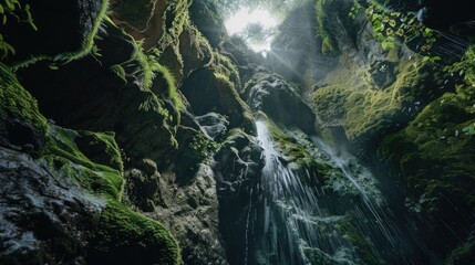 Wall Mural - Sunlight Through Waterfall in Cave