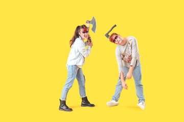 Poster - Scary zombies with axes on yellow background