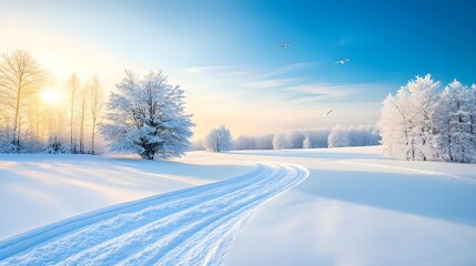 a serene winter landscape featuring snow-covered trees and a clear blue sky, creating a tranquil and