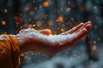 Wall Mural - Hand holding a handful of snow with bokeh lights in the background.