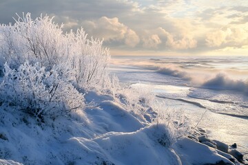 Poster - Winter Coastal Landscape with Frost Covered Bushes