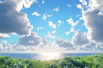 Wall Mural - Seascape with White Clouds and Blooming Meadow