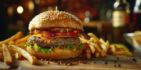 Canvas Print - Generous Cheeseburger with Crispy French Fries