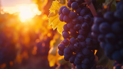 Close-up of ripe purple grapes in a vineyard at sunset.