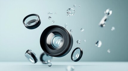 Camera lenses floating in a surreal composition against a soft blue background, conveying the concept of photography and creativity in a visually intriguing manner