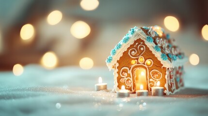 Canvas Print - An intricately designed gingerbread house features glowing candles, colorful icing, and a dreamy atmosphere created by twinkling lights