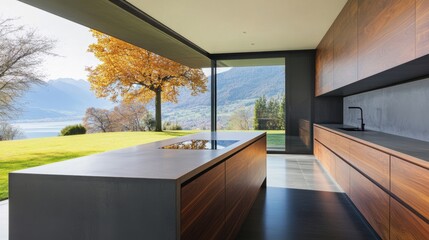 A sleek kitchen with wooden accents showcases a sprawling view of vibrant trees and mountains under clear blue skies