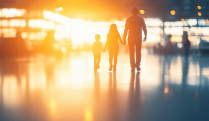 A family of three walks closely together, hand in hand, while illuminated by a warm, glowing light during sunset