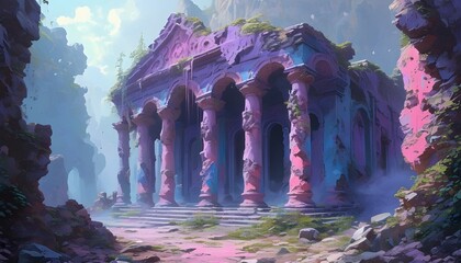 Wall Mural - Mystical Ruins of a Purple Temple in a Tranquil Fairy Landscape with Dusty Pastel Hues and Enchanting Fantasy Art Elements