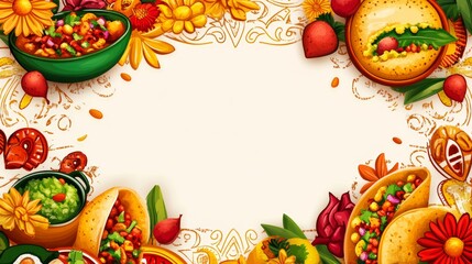 Wall Mural - Vibrant Mexican Food Display with Marigold Frame and Festive Patterns for Text Overlay